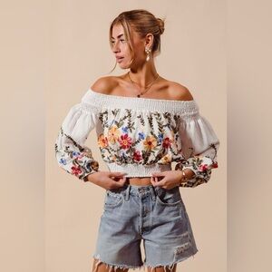 SO ME Floral Embroidered Off The Shoulder Crop Top